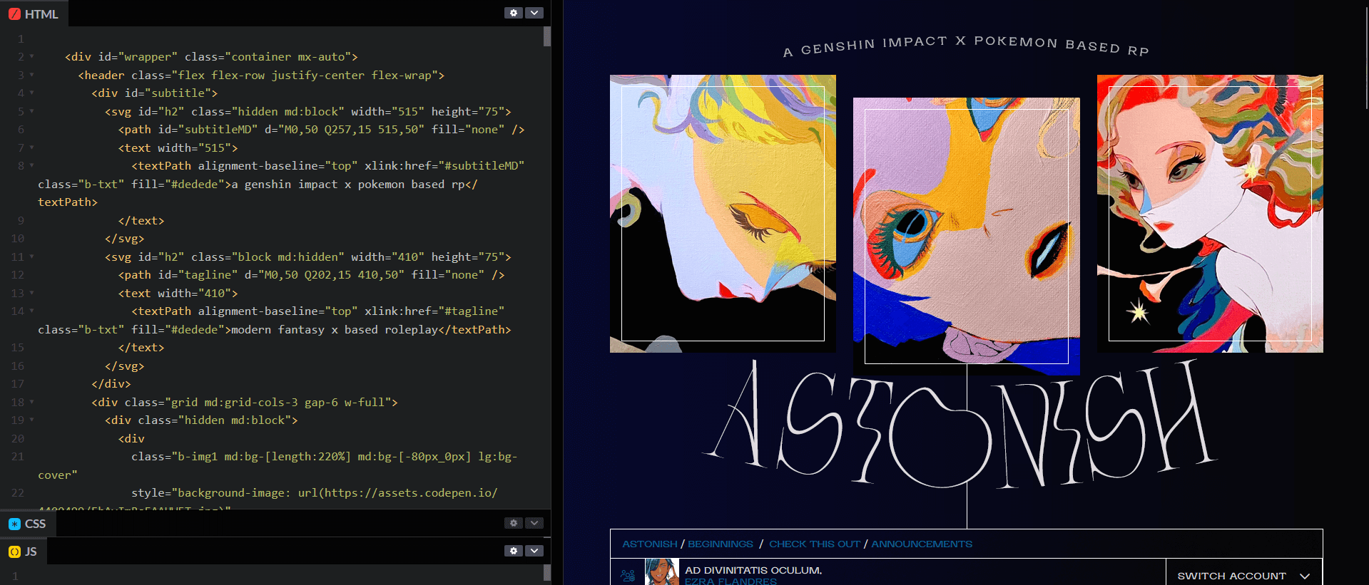 The split coding-preview layout in Codepen